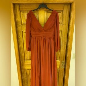 Formal dress, deep V neckline in front and back. Chiffon sleeves